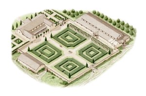 ワイト島、ブレーディング・ローマン・ヴィラ（2012年描画）、350～400年頃（インク、水彩画） 作： Stephen Conlin
