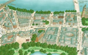 エドワード朝のホワイトホール、ロンドン、1890-1905年頃（1995年作）（インク、エアブラシ、水彩画） 作： Stephen Conlin