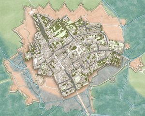 1644-1646年頃、南北戦争の防衛線上の近代オックスフォード (インク、水彩、デジタル編集) 作： Stephen Conlin
