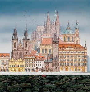 プラハの建物とロシアの戦車、1980-1991年頃（インク、水彩） 作： Stephen Conlin