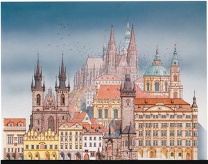 プラハの建物、1900-2023年頃（インク、水彩画） 作： Stephen Conlin