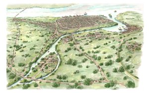 西暦1000年頃のセント・パトリック教会とヴァイキング・ダブリン（2018年描画）、980～1000年頃（インクと水彩画）