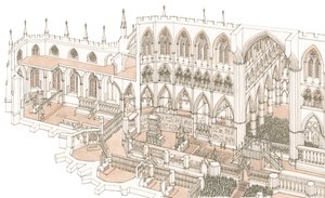 1399年、ヘンリー4世の戴冠式当時のウェストミンスター寺院のクワイア、2023年（インク、水彩画） 作： スティーブン・コンリン