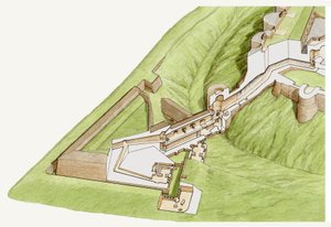 ドーバー城の拍車、ケント州、1800-2023年頃（インク、水彩画） 作： Stephen Conlin