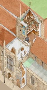 セント・メアリー教会の塔、ライ、イースト・サセックス、1900-2023年頃（インク、水彩画） 作： Stephen Conlin