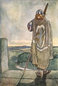 「フィンは妖精の竪琴の最初の音を遠く離れて聞いた」、c1910 作： Stephen Reid
