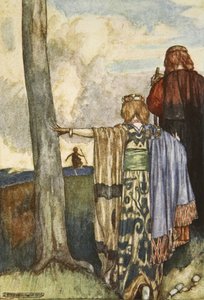 クイーン・メーヴがクー・フーリンと会う、「クー・フーリン、アルスターの猟犬」のイラスト、エレノア・ハル (1860-1935) 作： Stephen Reid