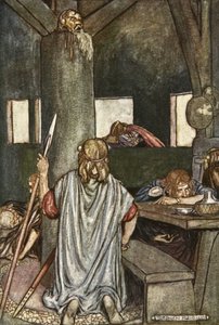 王を目覚めさせるスアルタック、「アルスターの猟犬クーフーリン」のイラスト、エレノア・ハル (1860-1935) 作： Stephen Reid