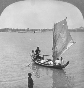 ビルマのイラワディ川の帆船、1908年 作： Stereo Travel Co