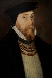 トーマス・グレシャム卿 (c. 1518-1579)、c.1518-79 (パネルに油彩) 作： Steven van der (attr. to) Meulen