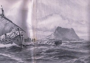 ジブラルタル海峡を通ってダーデネルス海峡に向かうドイツの潜水艦（『The Illustrated History of the World War 1914-1915』（Union Berlagsefellfchaft社）より