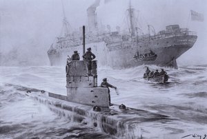 第一次世界大戦、1915年1月30日、リバプール沖でのドイツ潜水艦U-21によるイギリス商船リンダ・ブランシュの沈没（リトグラフ 作： Willy  Stoewer 
