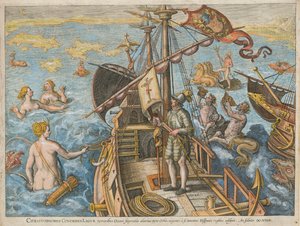 クリストファー・コロンブスのアメリカ大陸発見、1591 年。 作： Stradanus