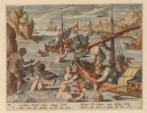 サンゴの釣り。 シリーズ「野生動物、鳥、魚の狩猟」から、1578 年。 作： Stradanus