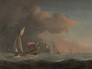 王室の標準を飛行する船と一緒に、強いそよ風の中で海に浮かぶ英国の王室のヨット 作： Studio of Willem van de Velde the Younger