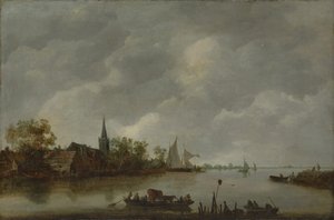 村の教会のある川の景色。 作： Style of Jan van Goyen