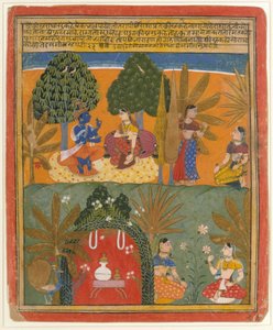 クリシュナとラダとその親友たち: 散らばったギータ ゴーヴィンダのページ。 1655-60。