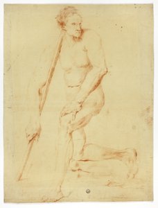 スタッフにもたれるアカデミックな男性ヌード 作： Style of Pompeo Girolamo Batoni