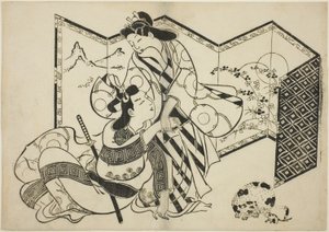 屏風前の恋人と猫とねずみ