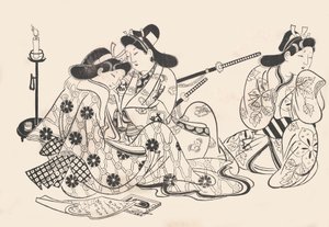 サムライと花魁着席、彼らのそばにサーヴァント、ca. 1685年。 1685年。