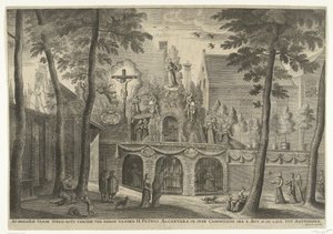 1669 年にアルカンターラのピョートル大帝が列聖された際にアントワープに建てられたステラージュ セント・ピーター・アルカンターラに敬意を表して飾られたストーン・ロックのイメージ。 MDCLXIXからアントワープへ（オブジェクトのタイトル）