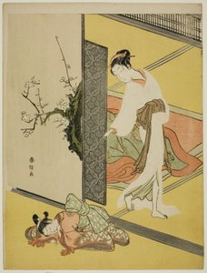 寝ている従者を捕まえる花魁 作： Suzuki Harunobu