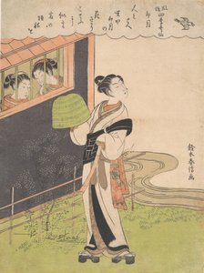 フルートを吹く僧侶コムソ、4ヶ月目の卯月、『ファッショナブルなP...』シリーズより、1768年頃。 作： Suzuki Harunobu
