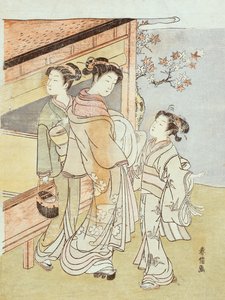女性とその付き添いがメッセンジャーに会う（木版画） 作： Suzuki Harunobu