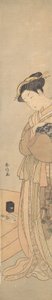 黒犬を抱く花魁 1769年頃。 1769年。 作： Suzuki Harunobu