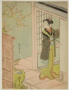 梅の木でさえずるウグイスに憧れる美女 作： Suzuki Harunobu