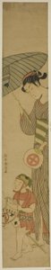 趣味の馬に乗った少年と傘をさす女性 作： Suzuki Harunobu