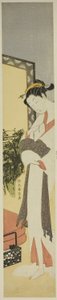 スクリーンとベッドのそばに立つ娼婦 作： Suzuki Harunobu