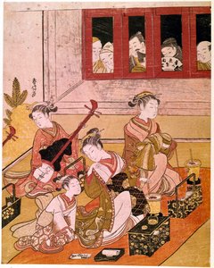 見物人の目に晒されて音楽を奏でる花魁たち 鈴木原信（1725-1770）の日本の版画。1769年頃 薄さ0.27×0.21 m パリ、ギメ美術館、国立アジア美術館 作： Suzuki Harunobu