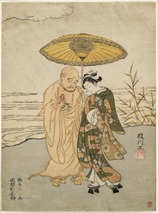 だるまと雨の中の若い女性 作： Suzuki Harunobu