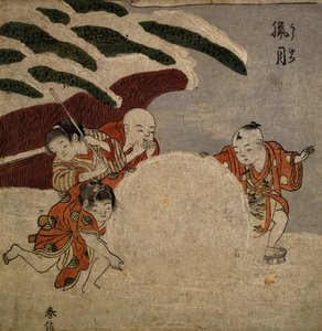 雪だるまを作る4人の少年、1768年頃（色の木版画） 作： Suzuki Harunobu