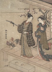 ベランダで彼の女性の休暇を取る紳士。 作： Suzuki Harunobu