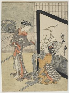 服を着る、1756-69（カラー木版画） 作： Suzuki Harunobu