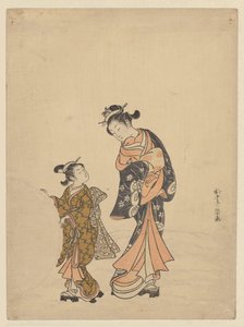 スノーボールの近くの若い女性と女の子 作： Suzuki Harunobu