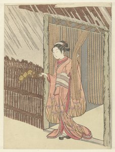 山吹の枝を手に持つ女の子 作： Suzuki Harunobu