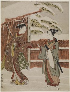 歌舞伎の女性版バージョンのPtted Treesのシーンの模倣c。 1768 作： Suzuki Harunobu