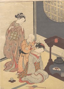 ダブルシェルフ スタンドの夜の雨、シリーズ「8 つのパーラー ビュー」から。 18世紀後半。 作： Suzuki Harunobu