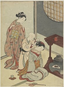ティースタンドの夜雨、1766年以降（色の木版画） 作： Suzuki Harunobu