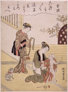 P.312-1941幼い息子に着物を着せるお母さん（木版画カラー） 作： Suzuki Harunobu