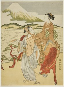 富士山を眺めるポーズ（有原業平の東遊記のパロディ） 作： Suzuki Harunobu