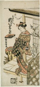 1764年正月、市村座で上演された芝居『ひらがな清水記』で花魁梅ヶ枝を演じた二代目瀬川菊之丞。 作： Suzuki Harunobu