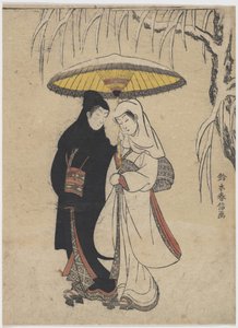 東洋美術：雪嵐の中、傘の下で一緒に歩く若い恋人たち par Harunobu, Suzuki (1724-1770), ca 1769.カラー木版、25,7x19,1。個人蔵 作： Suzuki Harunobu