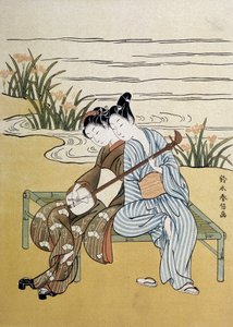 三味線：夫婦で三味線を弾いている様子（『日本の芸術』1890年7月号、春之坊撮影）。