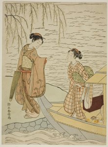 ボートを降りる二人の少女 作： Suzuki Harunobu
