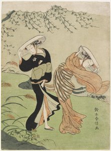 強風の中の2人の女性、c。 1767 作： Suzuki Harunobu