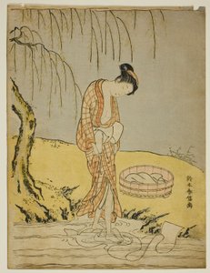 水流で布を洗う 作： Suzuki Harunobu